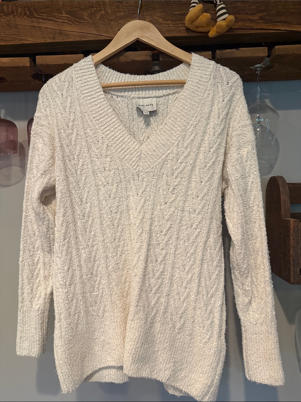 Pink Rose Cream Cable-Knit V-Neck Sweater